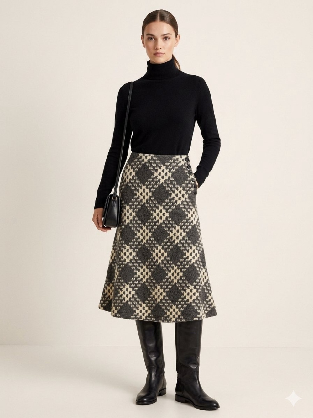 Express Wool Black and Cream Plaid A-Line Midi Skirt